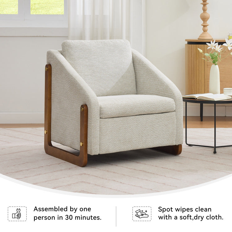 057 Set Of 1 Chenille Fabric Modern Upholstered Armchair With Wooden Side Frame , Accent Leisure Chair With Cushioned Seat And Backrest For Living Room, Bedroom,Beige