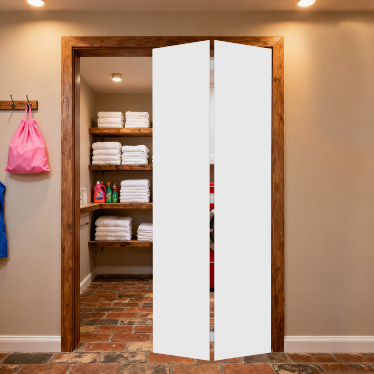 18Modern Flat Panel 42 In. X 80 In. Solid Core White Finished Vinyl Bi Fold Door With Hardware Kit