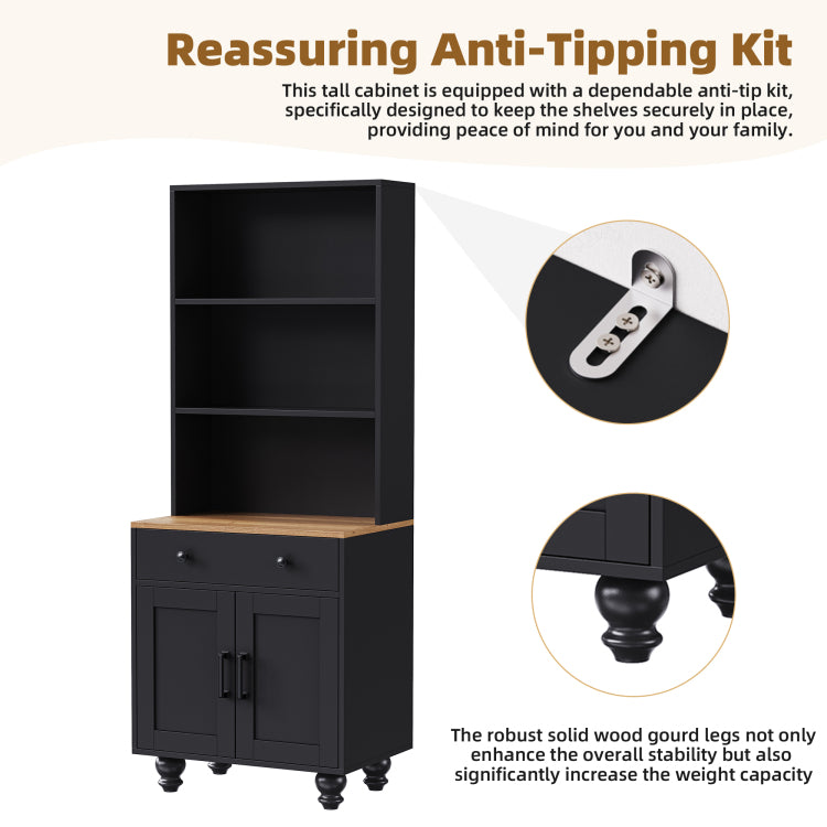 Farmhouse Storage Cabinet With 4 Solid Wood Gourd Shaped Legs, Modern Kitchen Pantry Cabinet With Adjustable Shelves, 5 Tier Bookshelf With Drawer For Living Room, Black