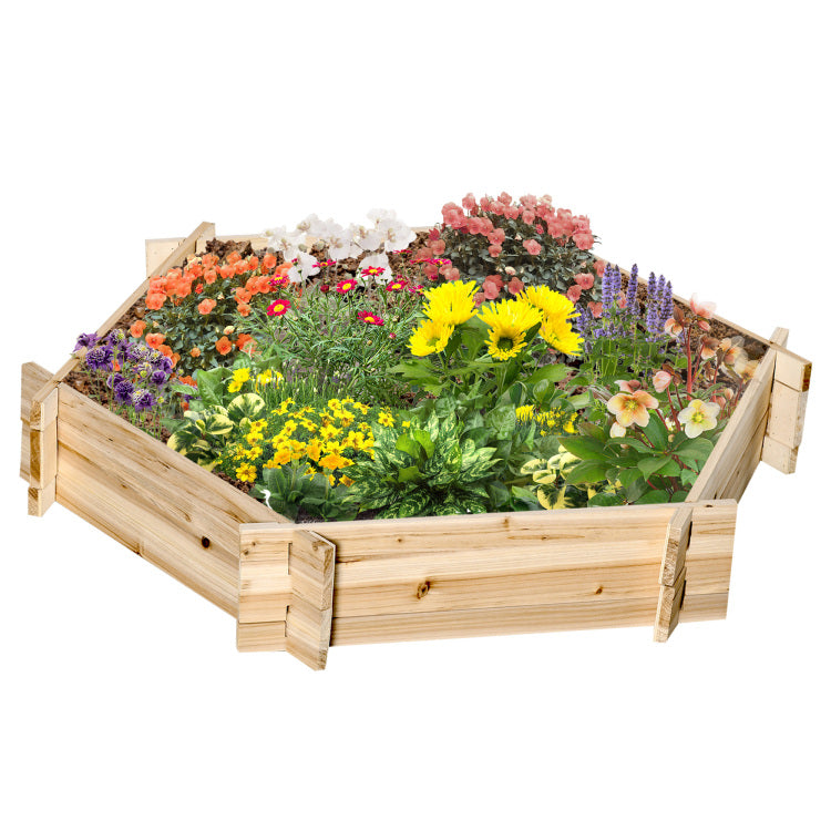Outsunny Wooden Raised Garden Bed, Hexagon Screwless Planters For Outdoor Plants, Vegetables, Flowers, Herbs, 39" X 36" X 6", Natural Wood