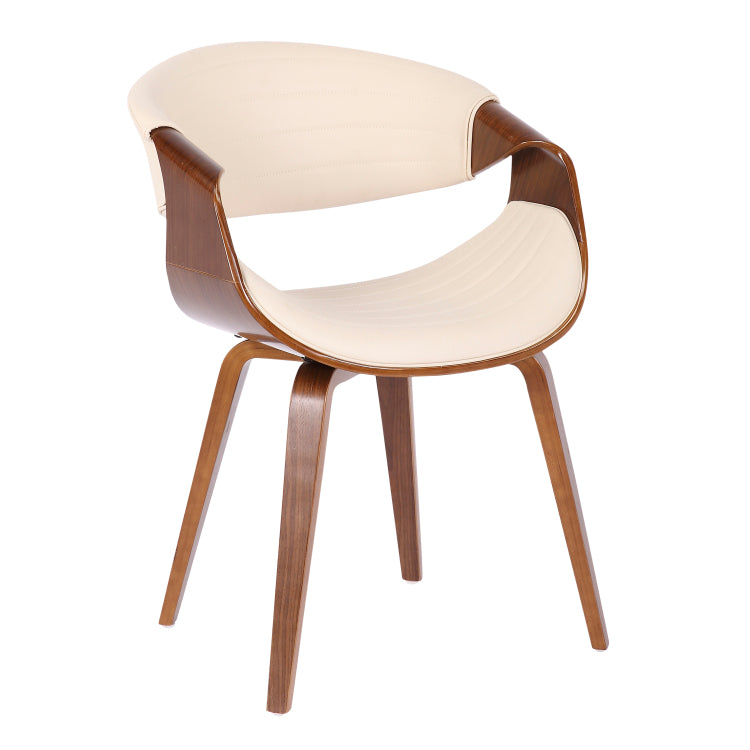 Mid Century Modern Dining Accent Chair In Walnut Wood And Cream Faux Leather