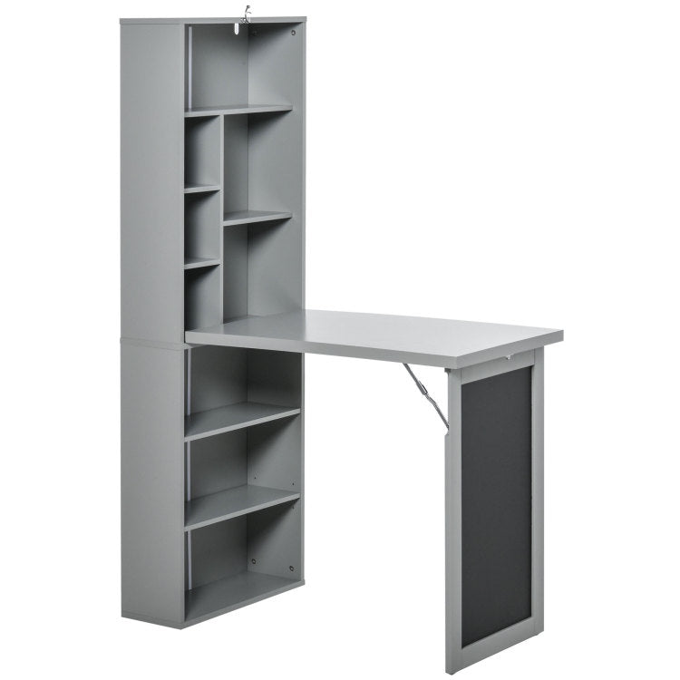 Homcom Fold Out Convertible Writing Table Wall Mount Desk Cabinet With Blackboard And Side Shelf Multi Function Home Office Workstation, Grey