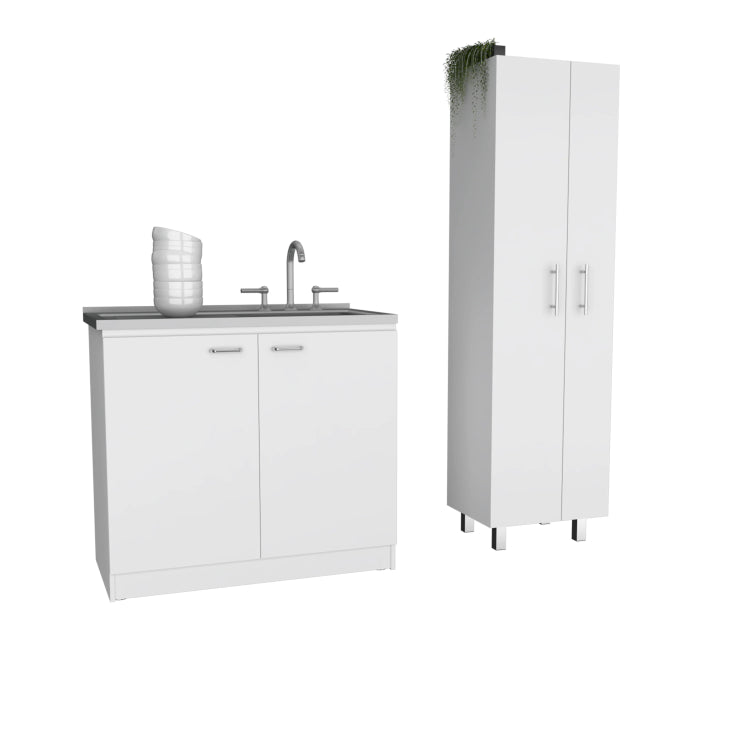 White 4 Door 2 Piece Kitchen Set, Utility Sink Cabinet And Pantry Cabinet