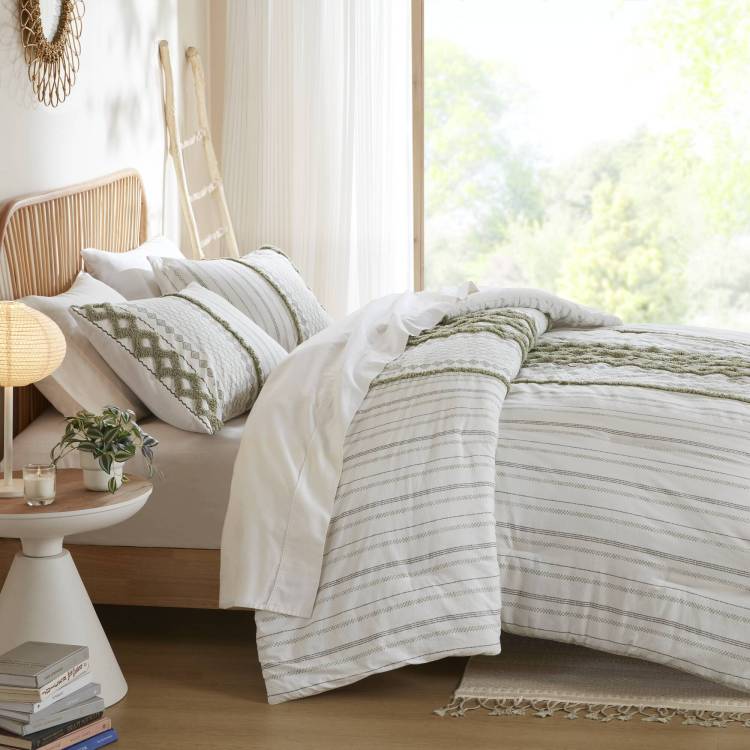 3 Pcs Full Queen Cotton Printed Comforter Set With Chenille Sage Ivory