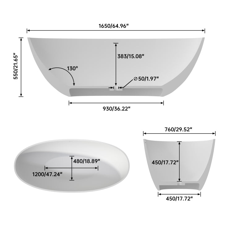 65" Premium Solid Surface Deep Soaking Bathtub
