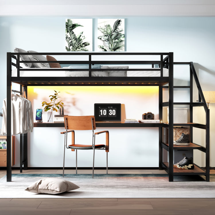 Queen Loft Bed With Desk And Storage Stairs, Metal Loft Beds With Led Lights, Usb Ports, Multifunctional Iron Nets, No Spring Box Needed And Noise Free, Black