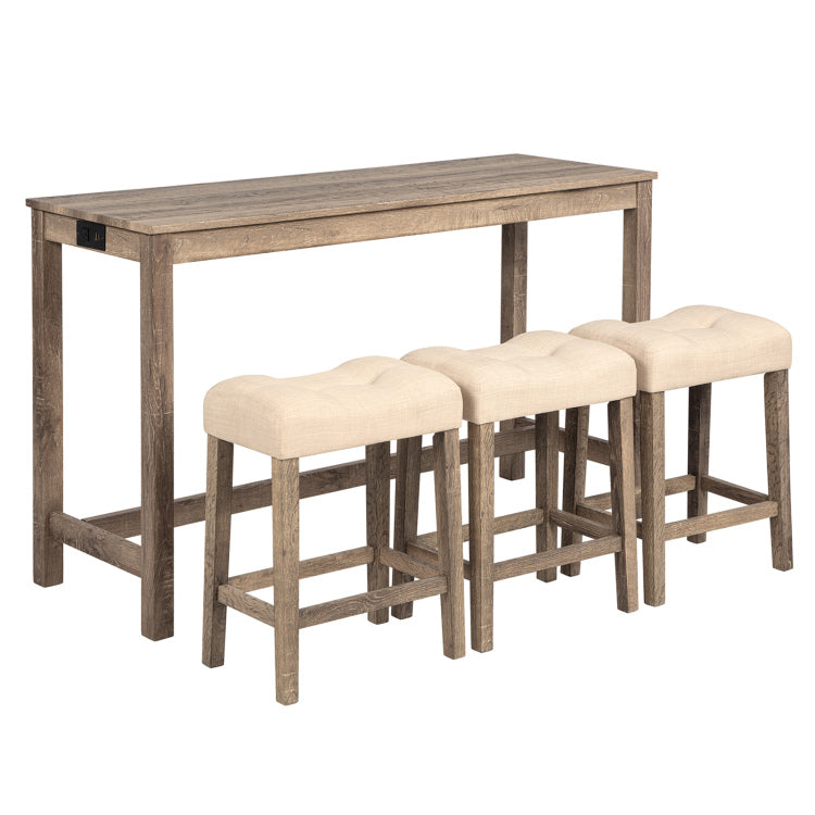 4 Piece Bar Table Set With Power Outlet, Dining Bar Table And Chairs Set,Bar Table Set With 3 Padded Stools For Living Room, Dining Room, Game Room, Brown