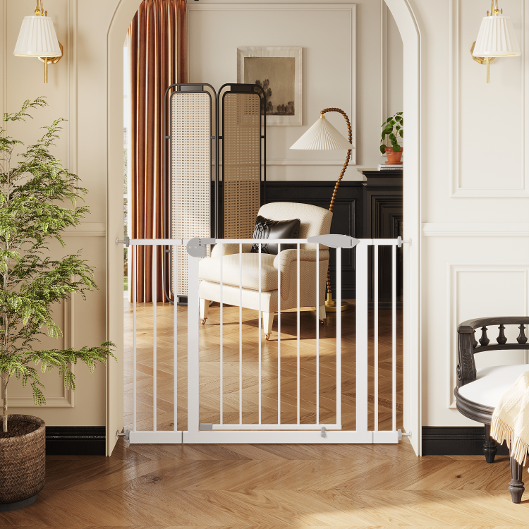 29.5 44.1" Wide Baby Gate For Stairs, Dog Gate Indoor For Doorways, No Drilling Pressure Mounted Pet Gates For Kids, Easy Walk Through Safety Gate, White