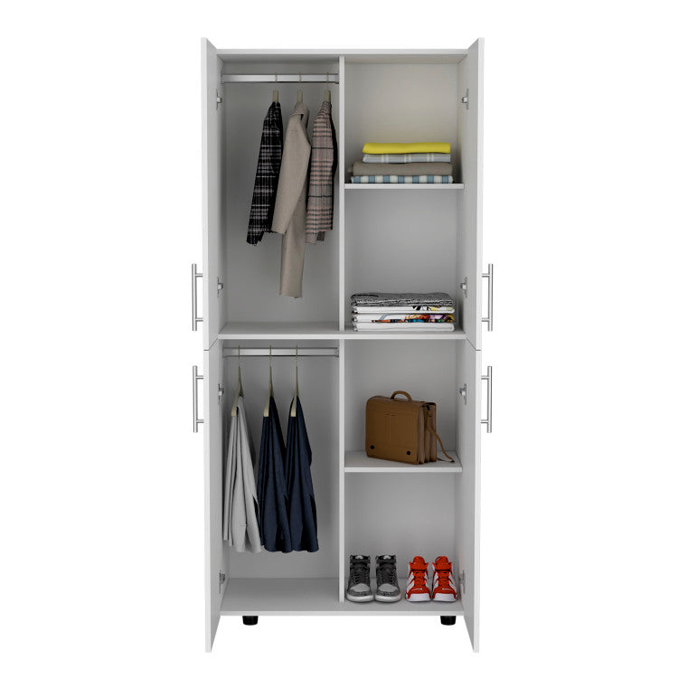 Hazel 70" High Four Door Armoire Wardrove Closet Cabinet, Six Shelves And Two Hanging Rods, Bedroom Clothes Storage Cabinet Organizer White