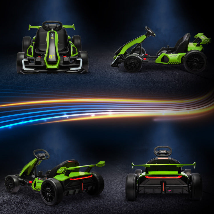 Aosom 24V 7.5 Mph Electric Go Kart With Adjustable Seat, Drifting Car Battery Powered Ride On Toy Outdoor With Slow Start, Button Start, Music, Honking Horn, Lights, For 6 12 Years Old, Green