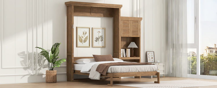 Queen Size Murphy Bed With Multiple Storage Shelves And Louvered Style Decoration, Wood Color