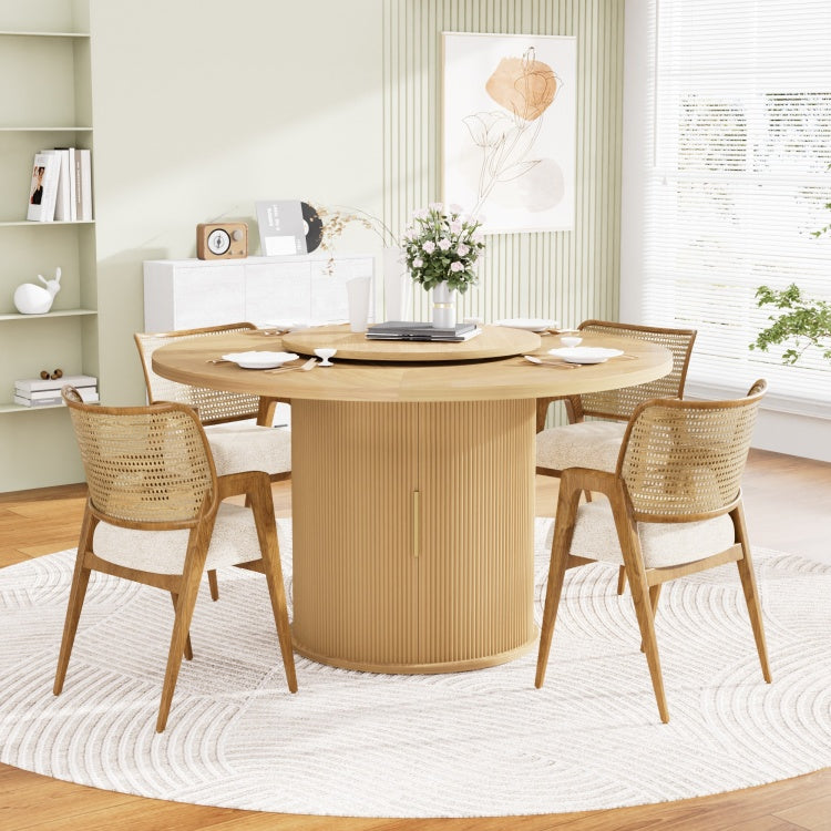 55 Inch Round Dining Table For Six, Featuring A Double Tiered Storage Rack And A Rotating Tabletop Tray. Wooden Wavy Striped Sliding Doors. Ideal For Home Dining Room Living Room Natural