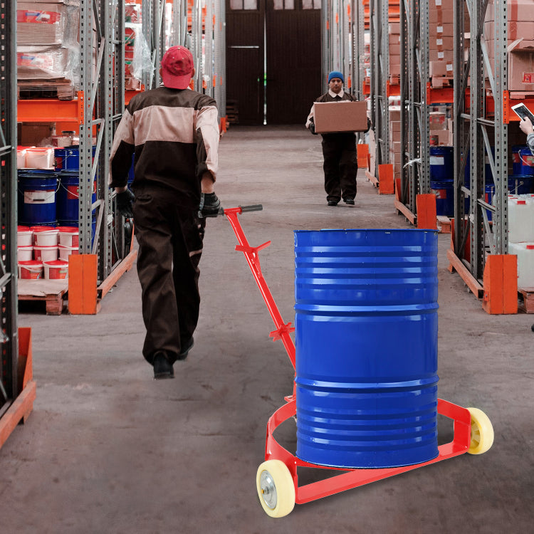 55 Gallon Drum Dolly, 1200Lbs Capacity, With 2 Fixed Pu Wheels And 1 Swivel Wheel Low Profile Steel Oil Drum Caddy Oil Barrel Drum Roller Hand Cart Red