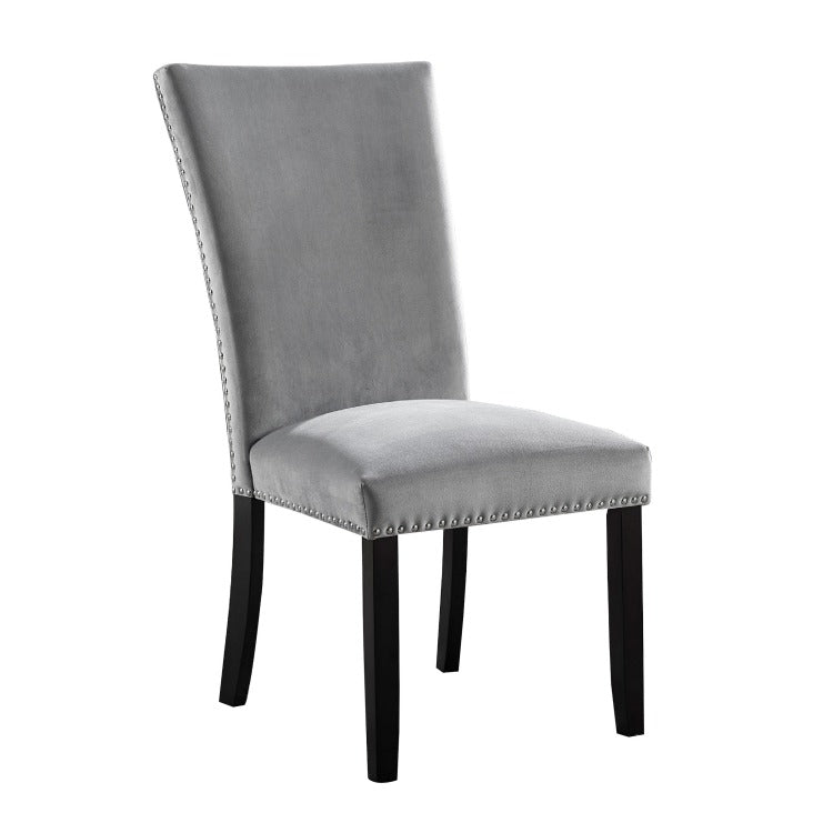 28 Inch Dining Side Chair Set Of 2, Padded Gray Flannelette, Black Wood