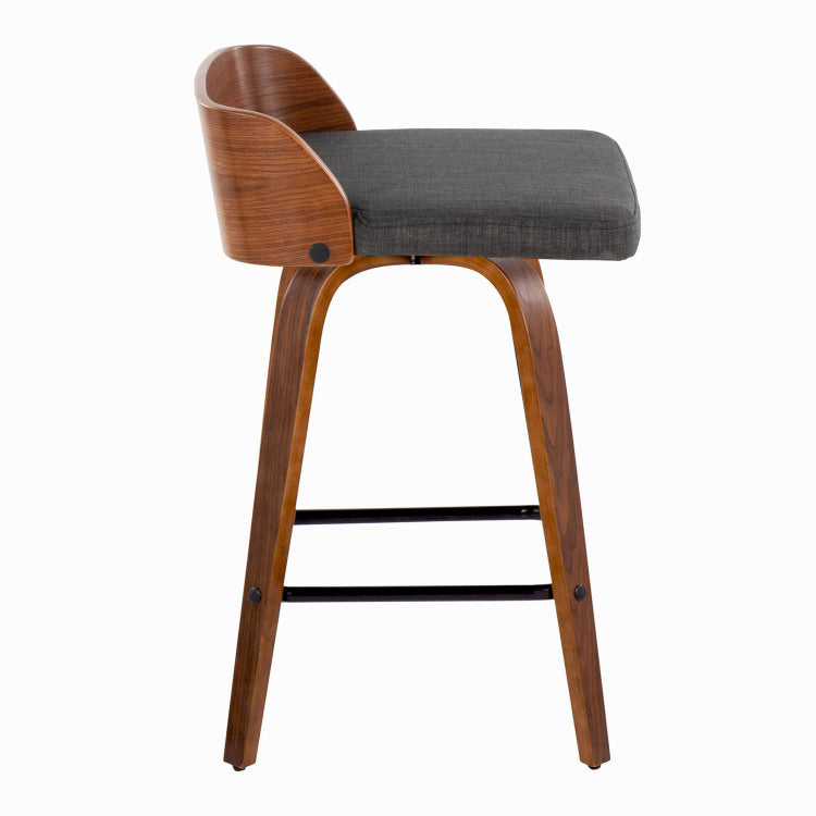 26" Mid Century Modern Fixed Height Counter Stool With Swivel In Walnut Wood And Charcoal Fabric With Square Black Metal Footrest Set Of 2