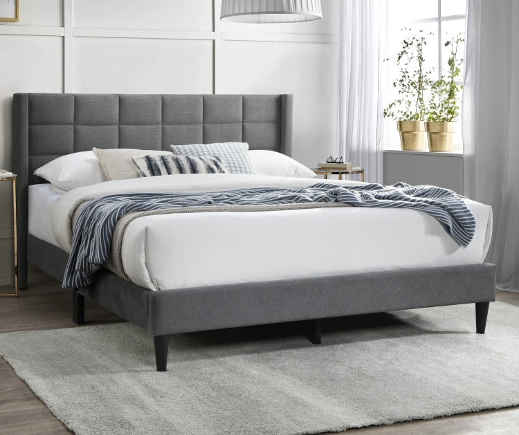 Elegant Modern 1Pc Full Size Bed Upholstered Box Design Headboard Bedframe Gray Brushed Linen