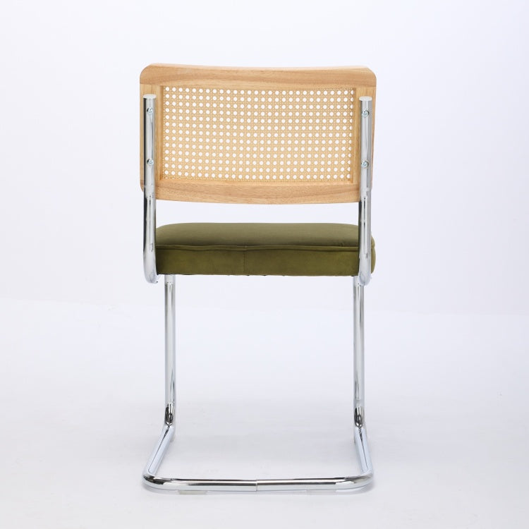 Mid Century Modern Dining Chairs Set Of 2, Velvet Accent Chairs With Natural Cane Back & Stainless Chrome Base, Famous Breuer Designed Chairs, Upholstered Rattan Kitchen Chairs,Olive Green