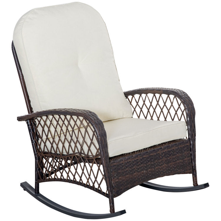Outsunny Outdoor Wicker Rocking Chair With Wide Seat, Thick, Soft Cushion, Rattan Rocker W Steel Frame, High Weight Capacity For Patio, Garden, Backyard, Cream White