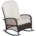 Outsunny Outdoor Wicker Rocking Chair With Wide Seat, Thick, Soft Cushion, Rattan Rocker W Steel Frame, High Weight Capacity For Patio, Garden, Backyard, Cream White