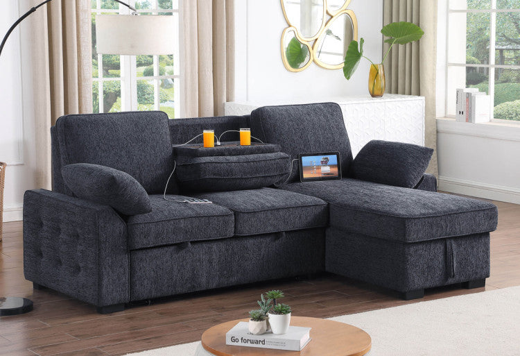 Marcello 91"W Charcoal Chenille Fabric Reversible Sleeper Sectional With Storage Chaise, Drop Down Table, Cup Holders And Charging Ports