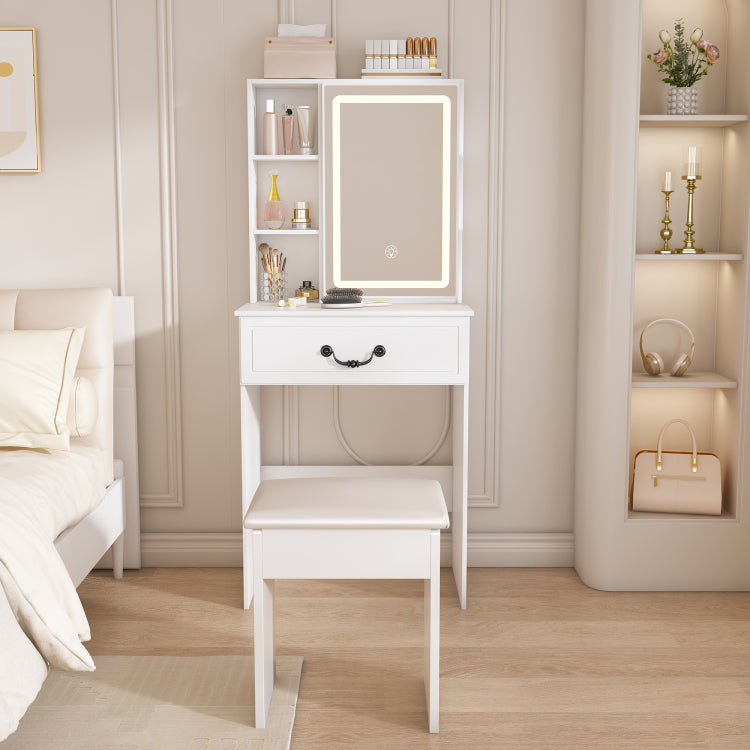 Modern Mini Dressing Table With Led Lit Mirror & Hidden Storage,Includes Padded Stool,Adjustable Brightness Vanity Desk,Multi Tier Dust Proof Shelves,White