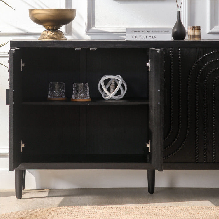 Modern Black Sideboard Cabinet With Decorative Nailhead Accents, Stylish Storage Solution For Dining & Living Rooms