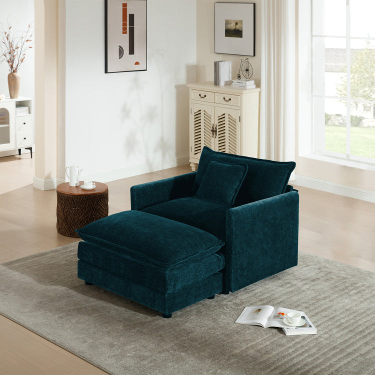 Modern Accent Chair With Ottoman, Living Room Club Chair Chenille Upholstered Armchair , Reading Chair For Bedroom, Blue Chenille