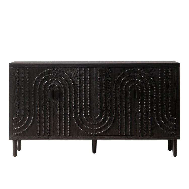 Modern Black Sideboard Cabinet With Decorative Nailhead Accents, Stylish Storage Solution For Dining & Living Rooms
