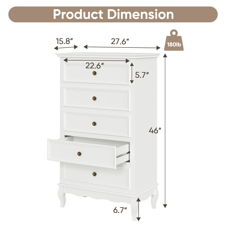 5 Drawer Dresser For Bedroom, Modern Storage Closet Cabinet Organizerwith Solid Wood Legs And Painted Finish White