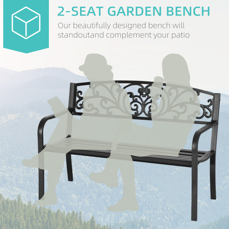 Outsunny 50" Outdoor Bench, Metal Garden Bench With Floral Pattern Backrest, Porch Bench With Slatted Seat For Park, Yard, Lawn, Black