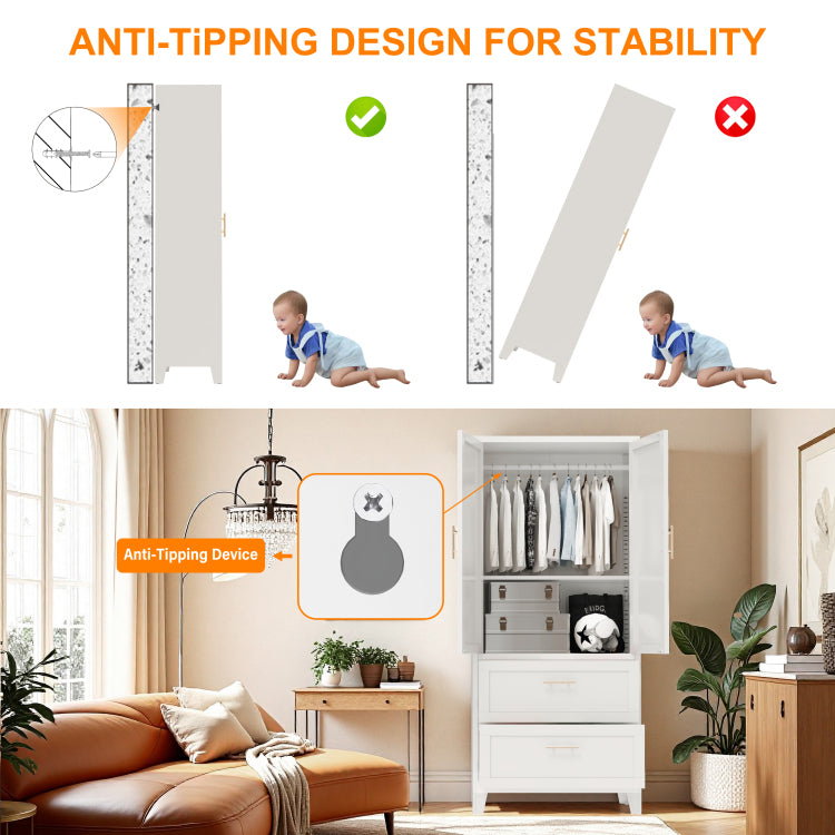 71" Tall Metal Wardrobe Cabinet With 2 Drawers And Hanging Rod, 2 Doors Wardrobe Closet With Shelf For Bedroom, Office, Laundry Room,Entryway ,Foyer,Guesthouse White