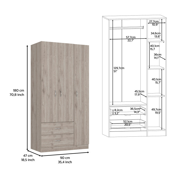 Bosko 3 Doors Armoire, Two Drawers, Metal Rod, Light Gray Bedroom