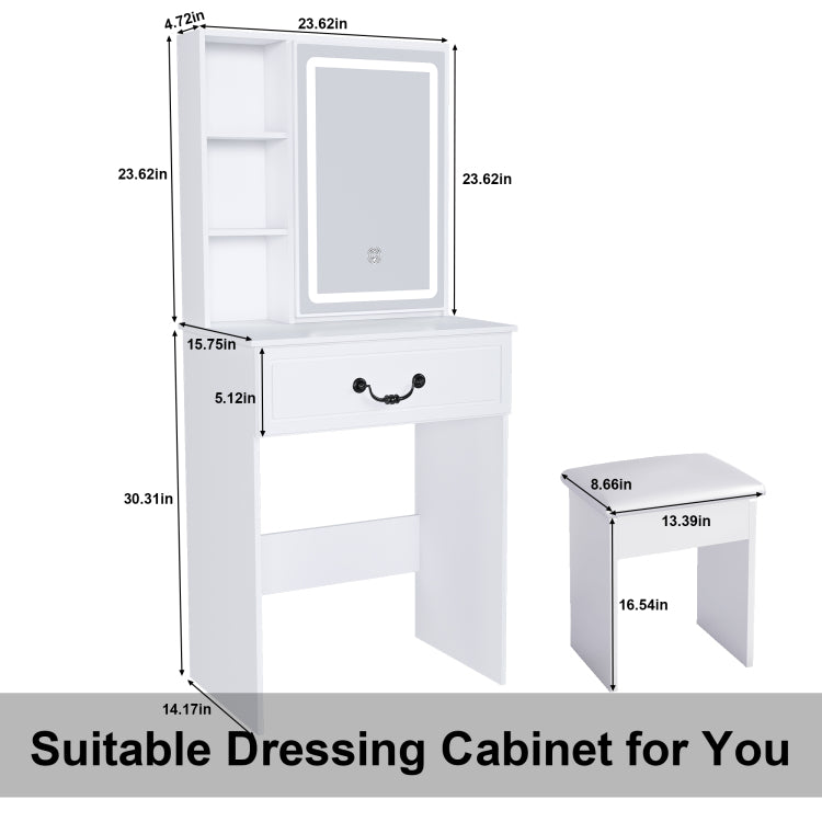 Modern Mini Dressing Table With Led Lit Mirror & Hidden Storage,Includes Padded Stool,Adjustable Brightness Vanity Desk,Multi Tier Dust Proof Shelves,White