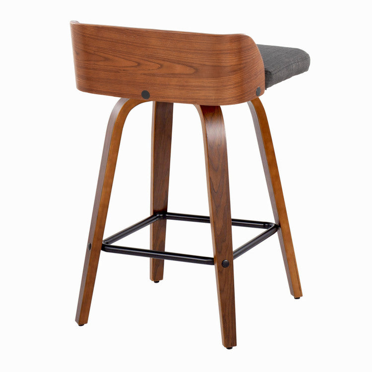 26" Mid Century Modern Fixed Height Counter Stool With Swivel In Walnut Wood And Charcoal Fabric With Square Black Metal Footrest Set Of 2