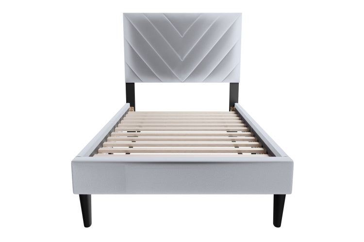Modern V Stitching Tufted Design Twin Bed Velvet Upholstered In Gray