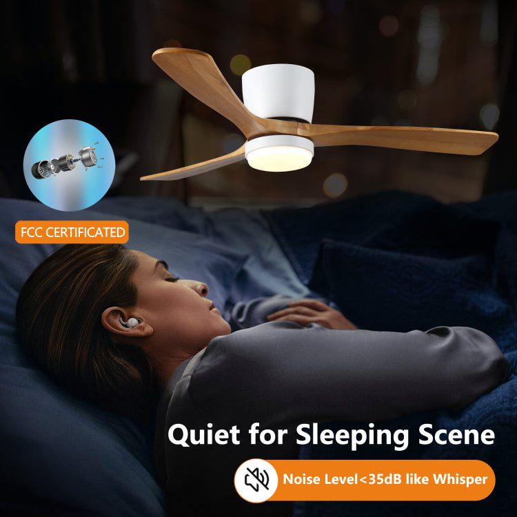 52 Inch White Wood S With Lights And Remote, Modern Flush Mount Low Profile With Light, 6 Speed, Reversible Dc Motor, For Bedroom Outdoor Farmhouse Patios