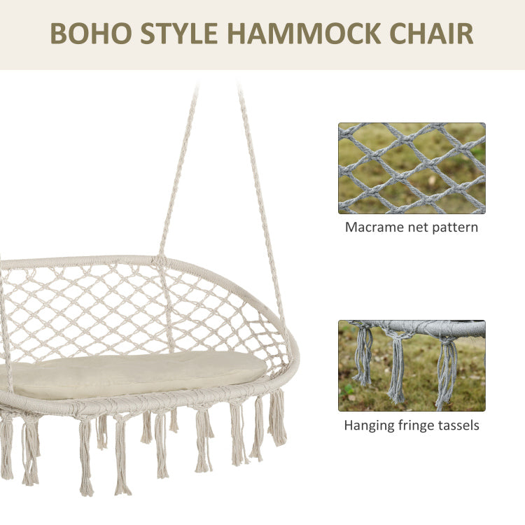 Outsunny 2 Person Hammock Chair Macrame Swing With Soft Cushion, Hanging Cotton Rope Chair For Indoor Outdoor Home Patio Backyard, White