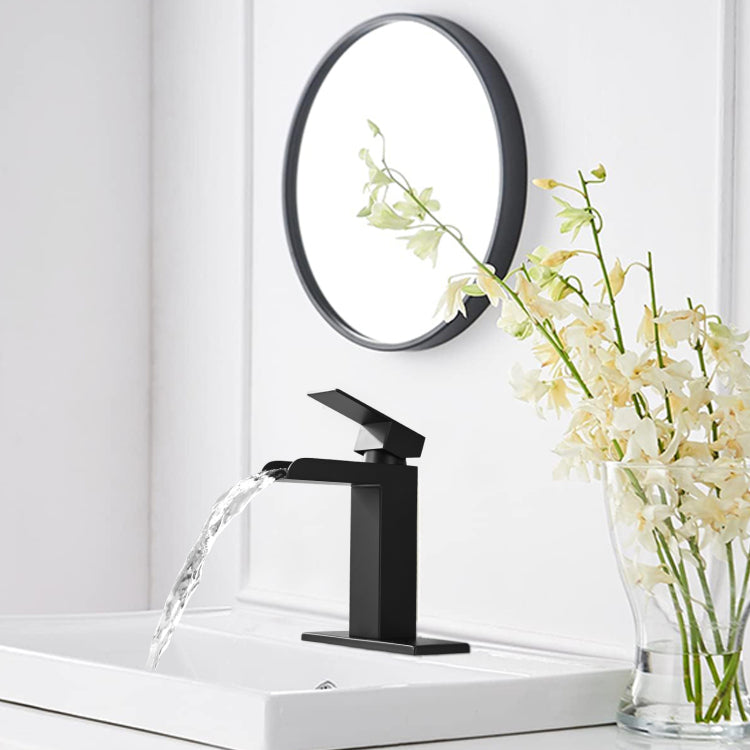 Waterfall Bathroom Faucet Black Single Handle Bathroom Sink Faucets 1 Or 3 Hole Solid Vanity Faucet With Deck Plate & Overflow Pop Up Drain Matte Black