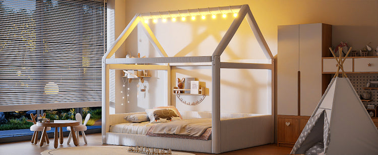 Full Size Upholstered House Daybed With Led Light Strips,Beige