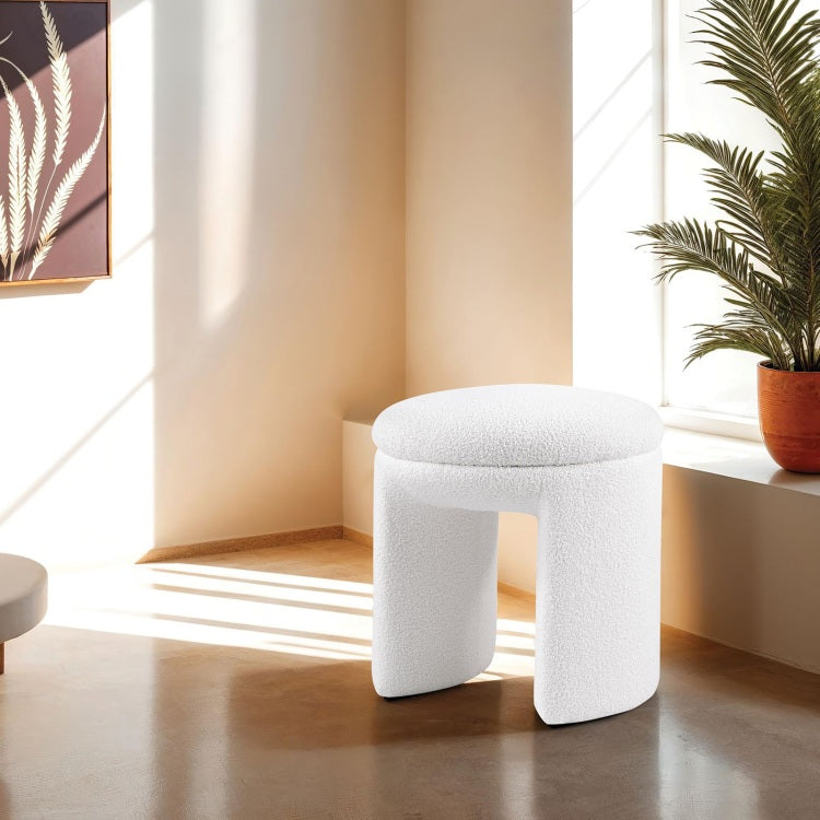 Contemporary Style Teddy Fabric Round Top 1Pc Accent Stool Bench Design White Finish Primary Living Room
