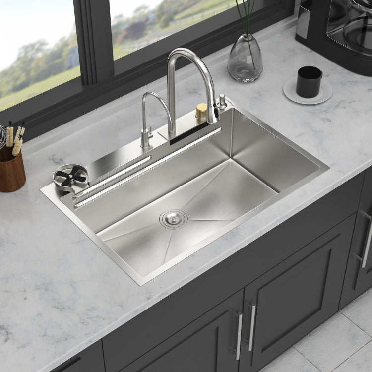 33" Drop In Waterfall Kitchen Sink 33*22*10 Inch Single Bowl 16 Gauge Stainless Steel Ledge Workstation Kitchen Sinks With Pull Down Faucet & Cup Washer