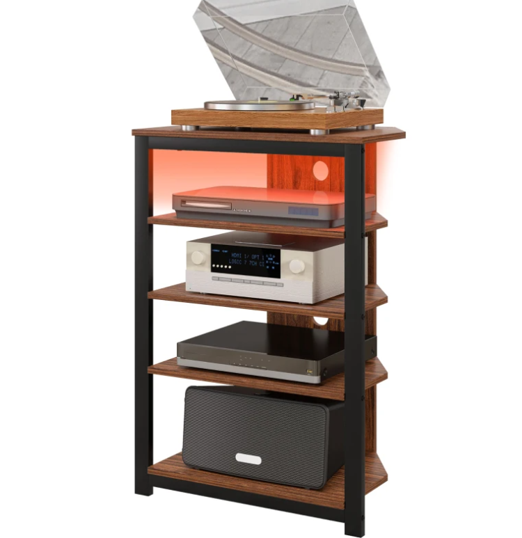 Led Tv Stand, Entertainment Center With Storage Shelves And Steel Frame , Brown