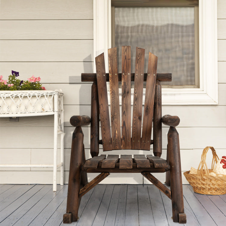 Outsunny Outdoor Wooden Rocking Chair, Single Person Adirondack Rocking Patio Chair With Rustic High Back, Slatted Seat And Backrest For Indoor, Backyard, Garden, Carbonized