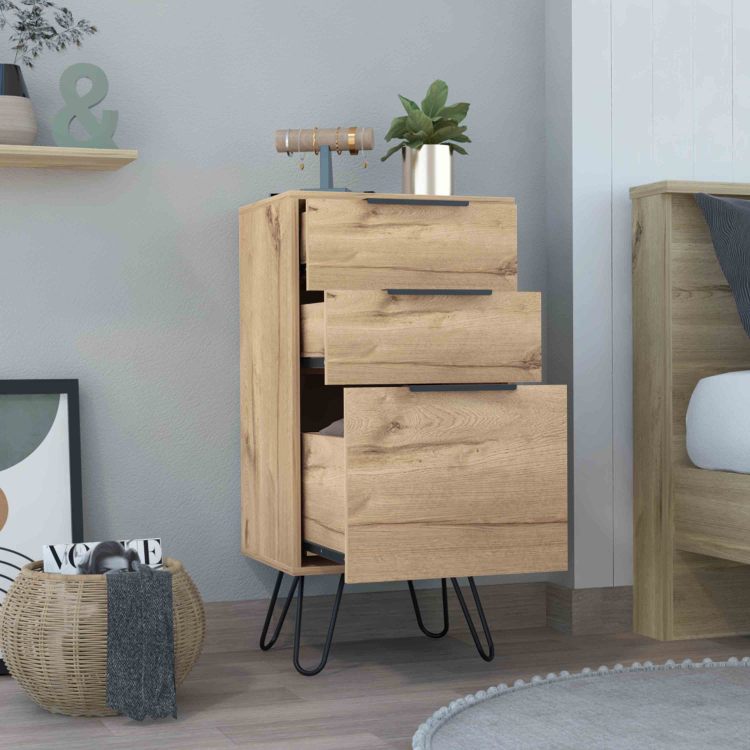 Augusta Light Dresser, Hairpin Legs, Superior Top,Three Drawers Light Oak