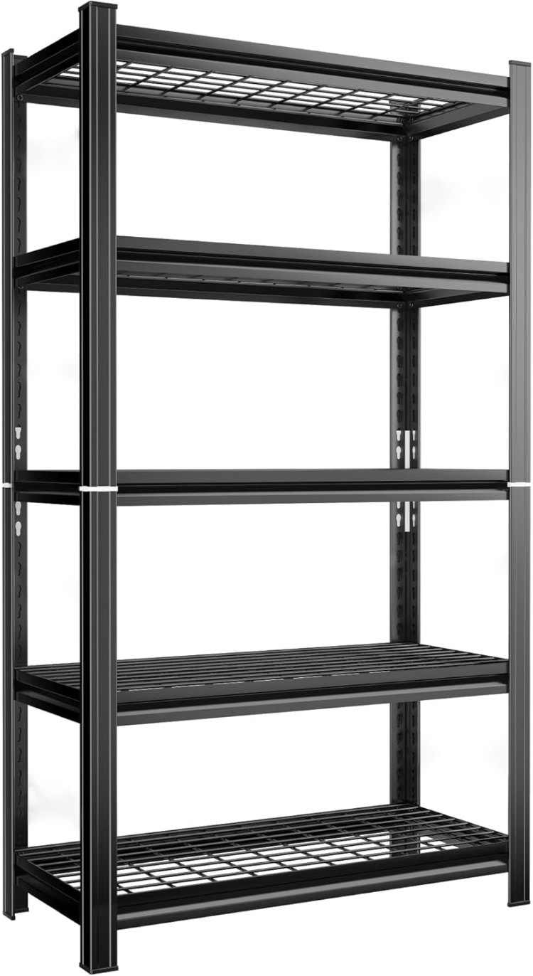 5 Layer Metal Storage Rack, Adjustable Height Storage Rack, 2000 Pound Load, Suitable For Garages, Kitchens, Supermarkets, Storage Rooms, And Gyms. Black, Requires Assembly