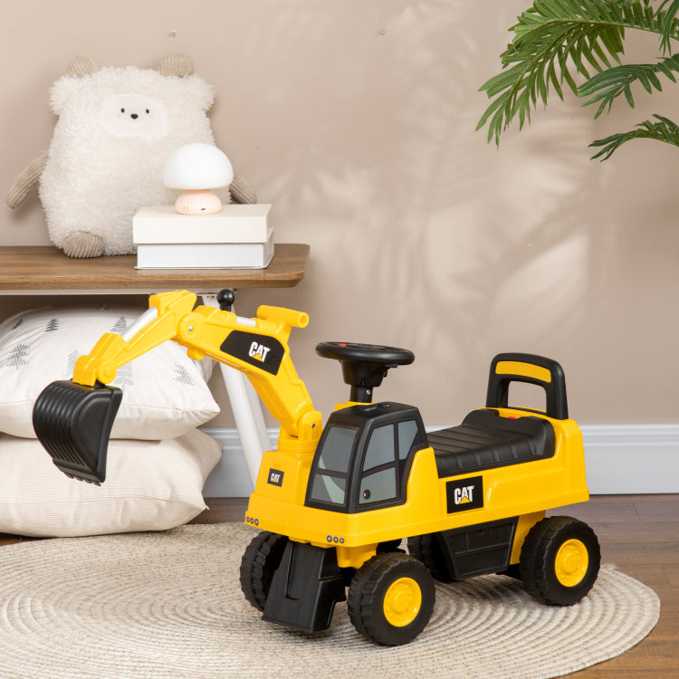 Aosom Excavator Ride On Toy, Cat Licensed Kids Manual Pedal Ride On Excavator With Manual Shovel, Horn, Hidden Storage For 18 36 Months Boys And Girls, Yellow