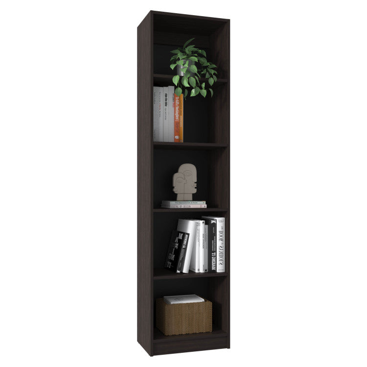 Home Slim 5 Shelves Narrow Bookcase With Open Shelves, Stained Walnut