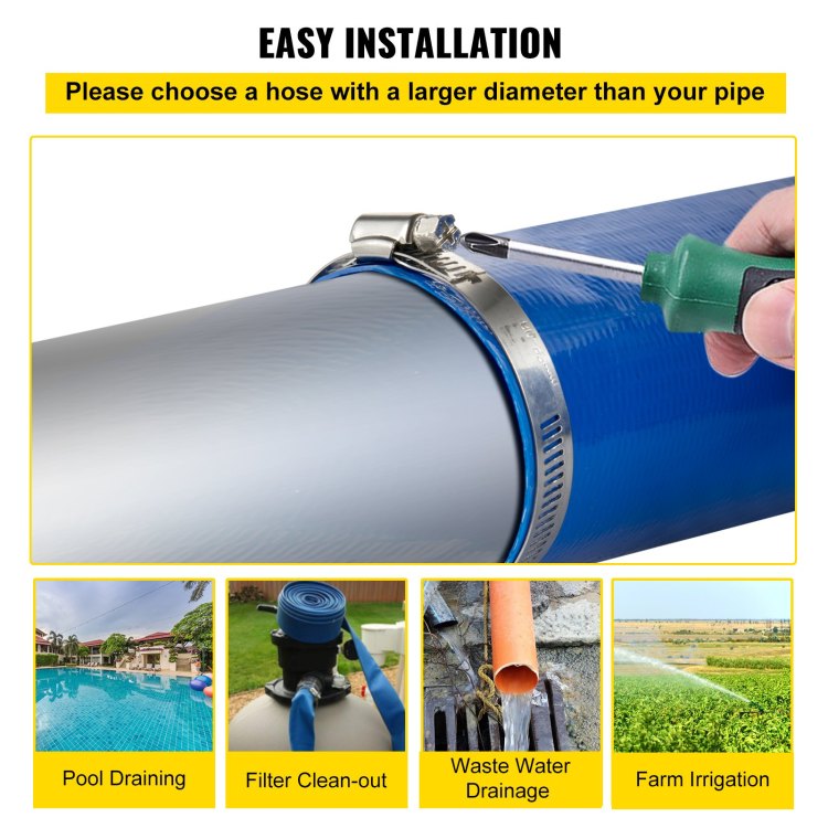 Discharge Hose, 2" X 105', Pvc Fabric Lay Flat Hose, Heavy Duty Backwash Drain Hose With Clamps, Weather Proof & Burst Proof, Ideal For Swimming Pool & Water Transfer, Blue