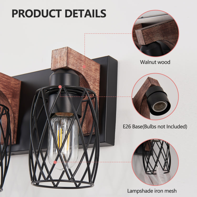 18" Industrial Vintage 3 Light Wall Sconce Black Cage Wall Lighting Fixture With Wooden Accents For Bathroom, Hallway, Or Living Room Bulb Not Included