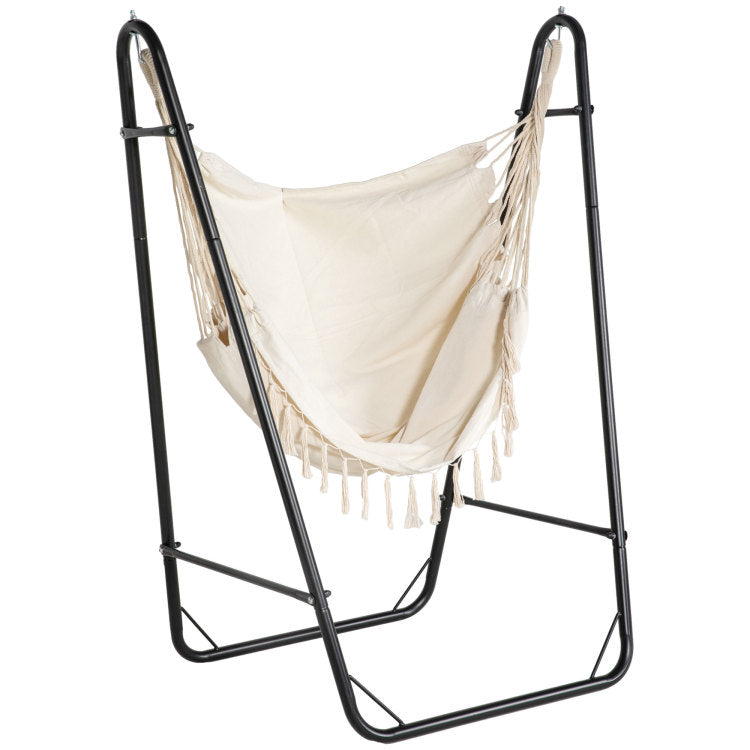 Outsunny Patio Hammock Chair With U Shape Stand, Outdoor Hammock Swing Hanging Lounge Chair With Side Pocket, Black Cream White